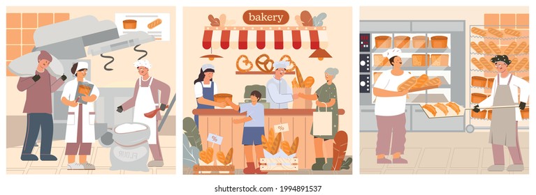 Stages of production and sale of bakery products flat vector illustration