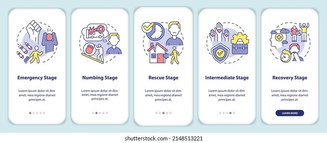 Stages of PTSD onboarding mobile app screen. Mental disorder walkthrough 5 steps graphic instructions pages with linear concepts. UI, UX, GUI template. Myriad Pro-Bold, Regular fonts used