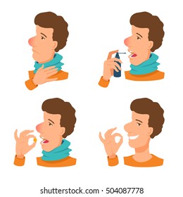 Stages of recovery from colds. Illustration of a sick young man wearing a scarf with a red nose. Treatment of throat spray, tablet. Cartoon avatars.