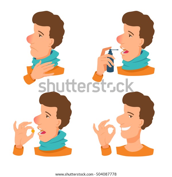 風邪からの回復の段階 赤い鼻のスカーフを着た病気の若者のイラスト 喉のスプレー 錠剤の治療 漫画のアバター のベクター画像素材 ロイヤリティフリー