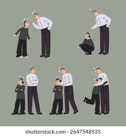 Stages of resolving conflict between father and son. Quarrel, embrace, conciliation, offense, angry shout in relationships of close people original artwork