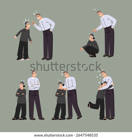 Stages of resolving conflict between father and son. Quarrel, embrace, conciliation, offense, angry shout in relationships of close people original artwork