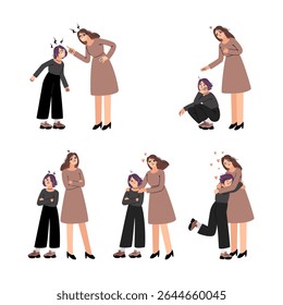 Stages of resolving conflict between mother and daughter. Quarrel, conciliation, offense, angry shout in relationships of close people original artwork