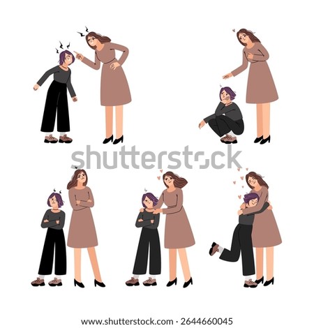 Stages of resolving conflict between mother and daughter. Quarrel, conciliation, offense, angry shout in relationships of close people original artwork