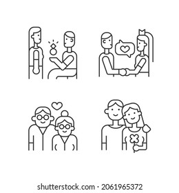 Stages of romantic relationship linear icons set. Man proposing to woman. Wedding vows. Old couple. Customizable thin line contour symbols. Isolated vector outline illustrations. Editable stroke