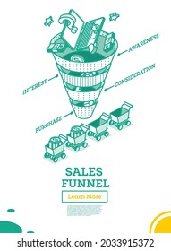 Stages of a Sales Funnel. Digital Marketing Concept. Outline Design. Isolated on White Background. Business Infographics. Vector Illustration.