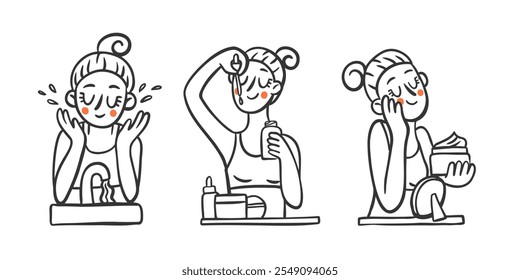 Stages of skin care doodles. Vector cartoon illustrations of self care beauty routine. Woman washing use serum and moisturizing face with cream.