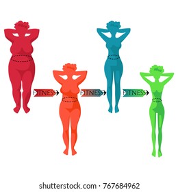 Stages of slimming women. Silhouettes of a female body of different shapes.