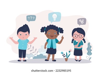Stages of solving problem, searching for an idea, inspiration. Various multiethnic kids with different emotions. Smart school children trying to find solution to problem. Flat vector illustration