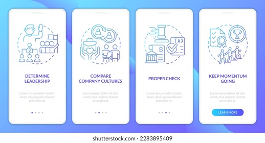 Etapas para la captación con éxito gradiente azul en pantalla de aplicación móvil. Recorrido 4 pasos instrucciones gráficas con conceptos lineales. UI, UX, plantilla GUI. Multitud de tipos de letra Pro-Bold, con uso regular