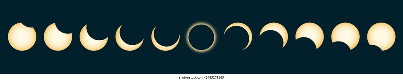 Stages of total solar eclipse on dark background. Vector illustration