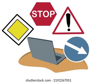 Etapas de entrenamiento en una escuela de manejo. Aprender las reglas del camino.  Impartir educación escolar. Prueba de conducción a distancia. 
Ilustración vectorial plana