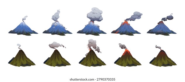 Stages of volcanic eruption set. Erupting volcano with clouds of smoke and flows of lava from crater. Vulcano explosion. Mountains with magma and fume. Flat isolated vector illustration on white
