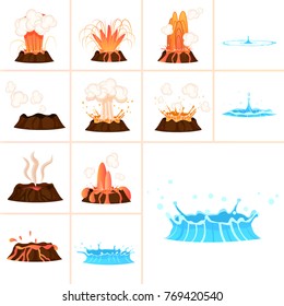 Stages of volcanic eruption and water splash isolated on white background. Steaming, hot burning lava approaching and eruption phases. Raindrop falling and water spraying vector illustration.