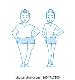 Stages weight loss before and after. Girl in sportswear. Illustration Obesity process. Weight loss through diet or exercise. Overweight Problems fat people. Illustration in line art style. Vector