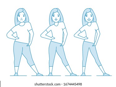 Stages weight loss before and after. Girl in sportswear. Illustration Obesity process. Weight loss through diet or exercise. Overweight Problems fat people. Illustration in line art style. Vector