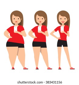 stages weight loss before and after. Girl in sportswear makes selfie. Illustration Obesity process. Overweight Problems fat people. Vector