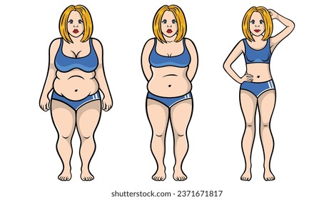 Stages of weight loss, Fat and slim woman figure, Overweight woman before and after, Woman body transformation from fat to slim, Body transformation, Vector illustration of weight loss lady,