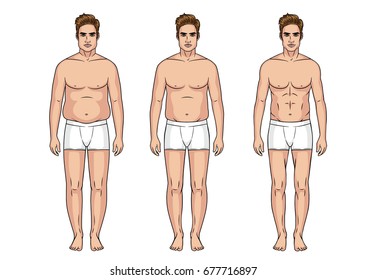 Stages of weight loss for men. Male transformation of the body. Sports fitness body vs a thick and fat body