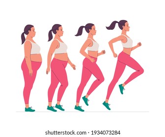 Stages of weight loss for a woman. Vector illustration of cartoon plump woman in sportswear jogging for slim fit. Isolated on white