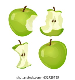 Stages of whole and bitten apple isolated on white background