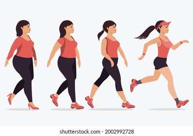 Stages of woman on the way to lose weight,Vector illustrations.