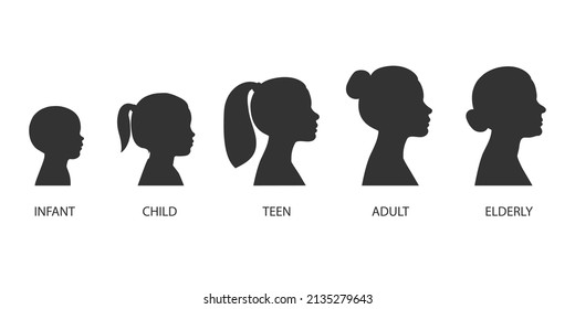 The stages of a woman's growing up - infant, child, teen, adult, elderly. Collection of silhouettes of women of different ages. Vector illustration isolated on white background svg