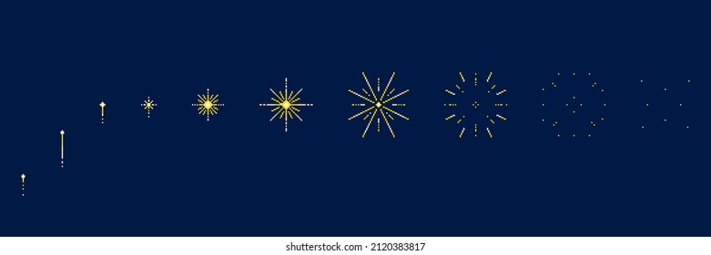 Stages of yellow fireworks explosion in pixel art style