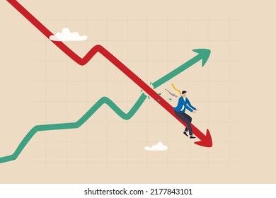 Stagflation, economic slow down or recession while inflation high up, GDP growth decrease causing by unemployment concept, fearful businessman riding fall down economic graph with inflation high up.