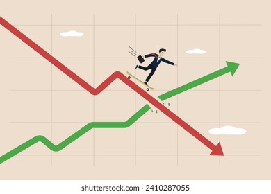 Stagflation, economic slowdown, decline in GDP growth caused by unemployment concept, scared businessman riding a skateboard on a falling economic graph with high inflation.