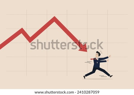 Stagflation, economic slowdown, decline in GDP growth caused by unemployment concept, scared businessmen running from falling economic graph decline with high inflation.