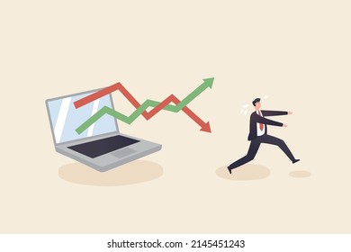 Stagflation As Finance Crisis Or Economy Recession. Financial Investment Volatility, Uncertainty Or Change In Business And Stock Market. Businessman Or Investor Run Away.