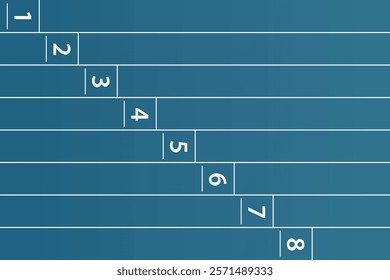 Staggered blue running track with eight numbered lanes marked by white lines and gradients