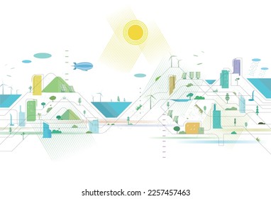 Líneas escalonadas A010 lago de río con ciudad y algunos elementos de la ilustración ambiental vectorial EPS 10