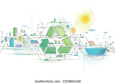 Líneas escalonadas Calidad Ciudad 5 Símbolo de reciclaje con ciudad y algunos elementos de la ilustración ambiental vectorial EPS 10