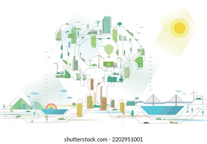 Líneas escalonadas Calidad Ciudad 6 Gran árbol con ciudad y algunos elementos de la ilustración ambiental vectorial EPS 10