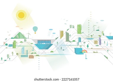 Líneas escalonadas Represa Ciudad 7 de calidad con ciudad y algunos elementos de la ilustración vectorial ambiental EPS 10