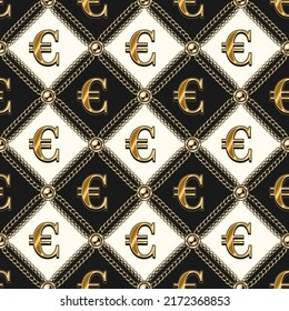 Staggered luxury vintage black and white pattern with shiny gold euro sign, gold chains, beads. Vector seamless background.