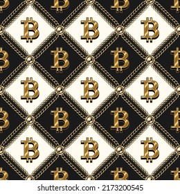 Staggered luxury vintage black and white pattern with shiny gold bitcoin sign, gold chains, beads. Classic vector seamless background.