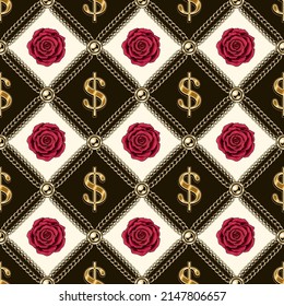 Staguiertes luxuriöses Vintage-Muster mit glänzendem Goldschild, Ketten, Perlen, Crimsonrosen. Vektornahtloser Hintergrund.