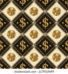 Staggered Luxury Vintage Pattern With Shiny Gold Dollar Sign, Coins, Chains, Beads. Classic Square Grid. Vector Seamless Background.