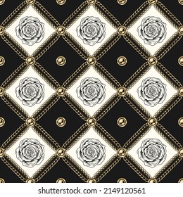 Staggered vintage black and white pattern with roses in engraving style, gold chains, beads. Vector seamless background.