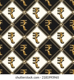 Zartes Muster aus schwarz-weißem Vintage mit glänzendem goldfarbenem Schild, Goldketten, Knöpfen. Klassisches quadratisches Gitter. Vektornahtloser Hintergrund.