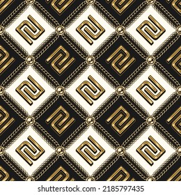 Staggered vintage black and white pattern with shiny gold shekel sign, gold chains, buttons. Classic square grid. Vector seamless background.