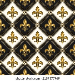 Staggered vintage black and white pattern with gold heraldic lily flowers, gold chains, buttons. Classic square grid. Vector fleur de lis seamless background