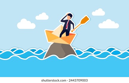 Stagnant business or life, grappling with errors, obstacles, or failures, leading to a bleak outlook and challenges, concept of Desperate businessman stranded on a rocky cliff after a shipwreck