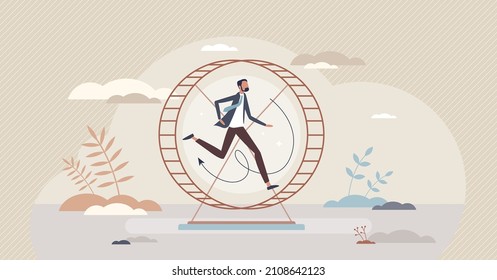 Stagnant career as running employee on hamster wheel tiny person concept. Pointless energy waste without future perspective and growth vector illustration. Professional job choice failure and crisis.