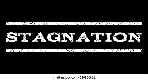Stagnation watermark stamp. Text tag between horizontal parallel lines with grunge design style. Rubber seal stamp with scratched texture. Vector white color ink imprint on a black background.