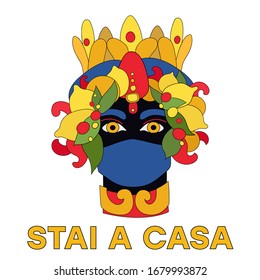 Stai a Casa. Coronavirus covid-19. Pandemia. Sicilian vase, moor head in medicine mask. Italy, Sicily, Greece, Cyprus, Spain. Vector illustration of sicilian symbol. Stay Home. Quarantine