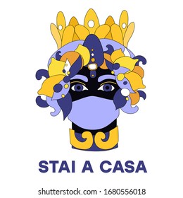 Stai a Casa. Coronavirus covid-19. Pandemia. Sicilian vase, moor head in medicine mask. Italy, Sicily, Greece, Cyprus, Spain. Vector illustration of sicilian symbol. Stay Home. Quarantine